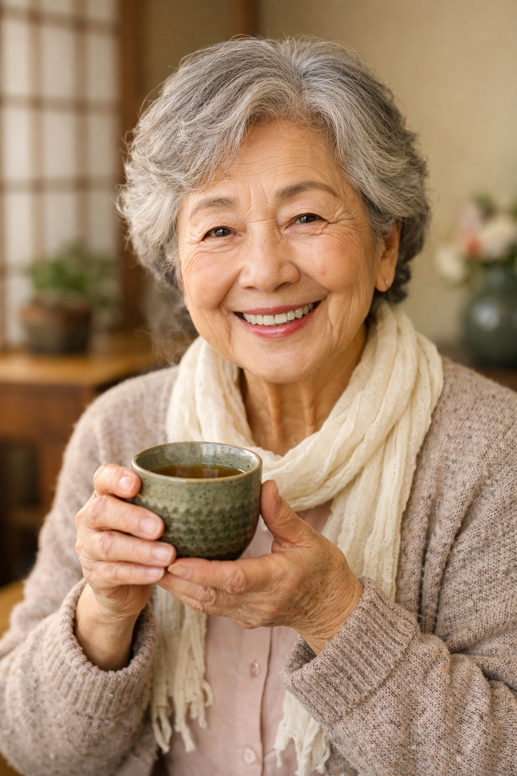 温かいお茶を持って微笑む高齢者